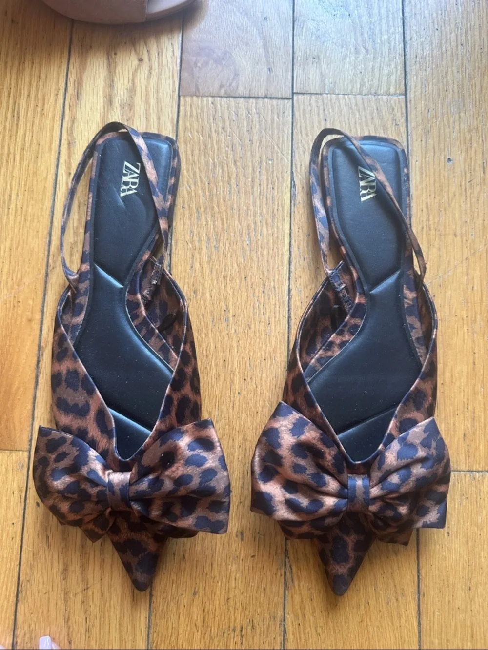 Zara Leopard Print Bow Pointed Slingback Flats in Brown and Black - Picture 3 of 4